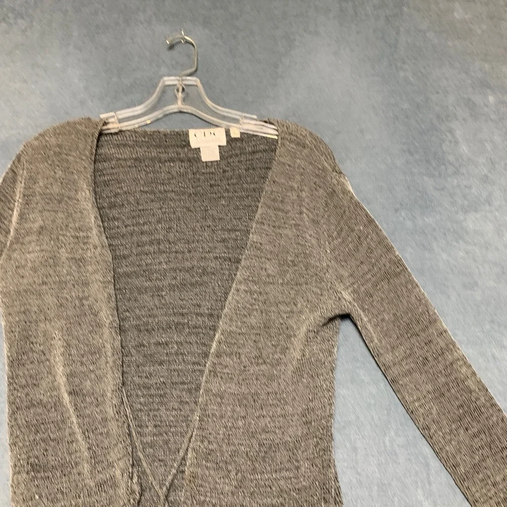 CDC Cardigan Sweater Womens L Heather Gray Metallic Knit Scalloped Hem Tie Front